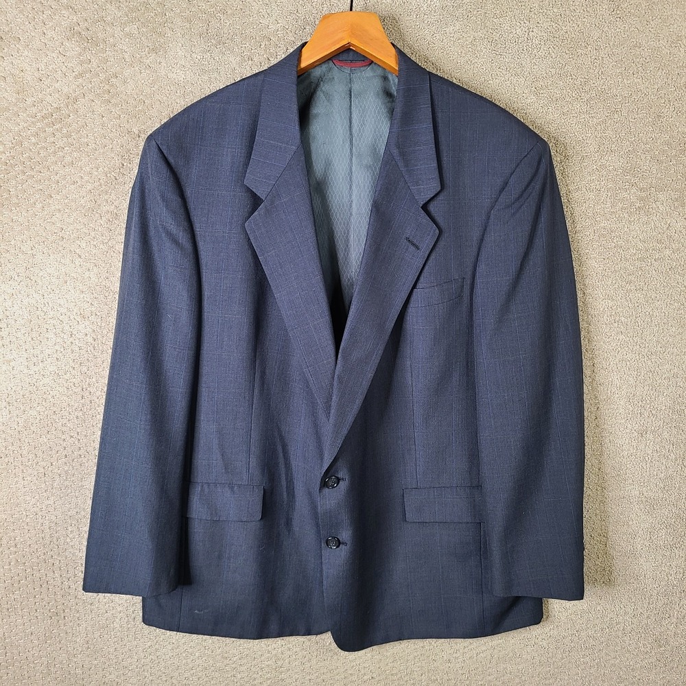 Vintage Hart Schaffner Marx Jacket Mens 48L Blue Plaid Blazer Wool 2 Button Coat